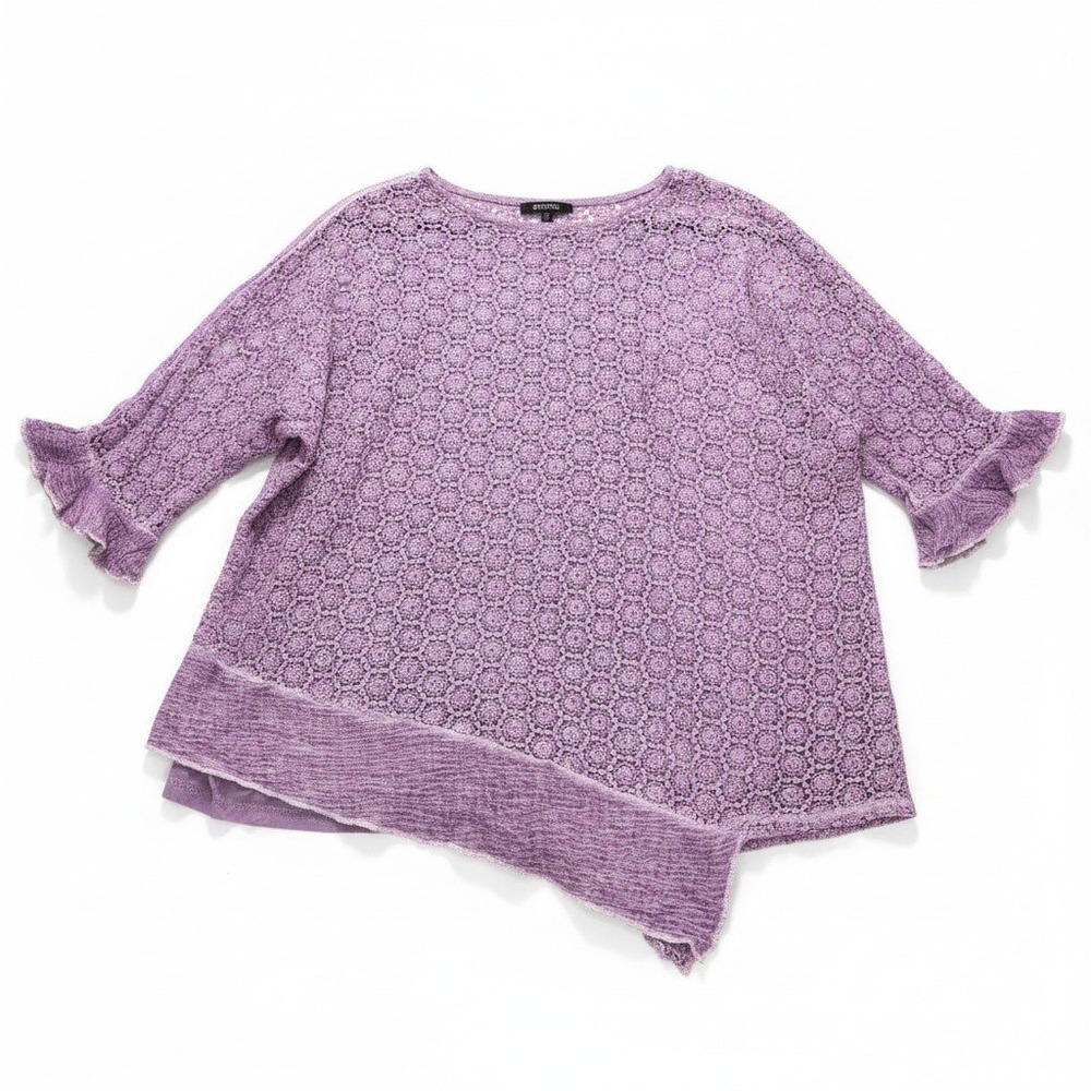 Democracy L Womens Lavender Crochet Lace Gauze Top Ruffle Sleeve Boho Blouse